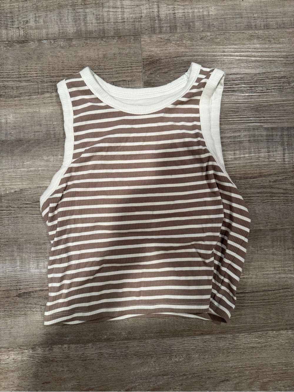 Aerie offline Striped Ribbed Tank Top in Cream and Brown. With built in bra.
